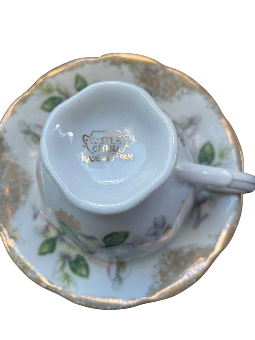 Castle China Floral Gold-Trim Porcelain Teacup and Saucer Made in Japan